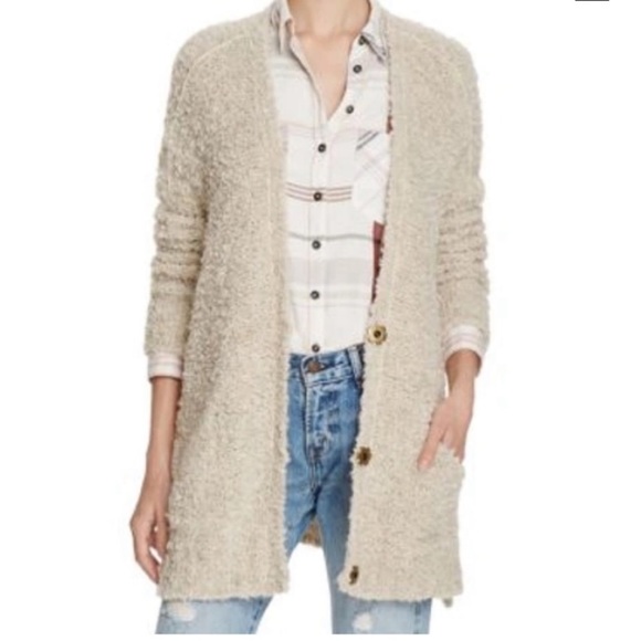 Free People Sweaters - FREE PEOPLE Teddy Bouclé Long Line Cardigan Oatmeal Cream Sherpa Heathered Fuzzy
